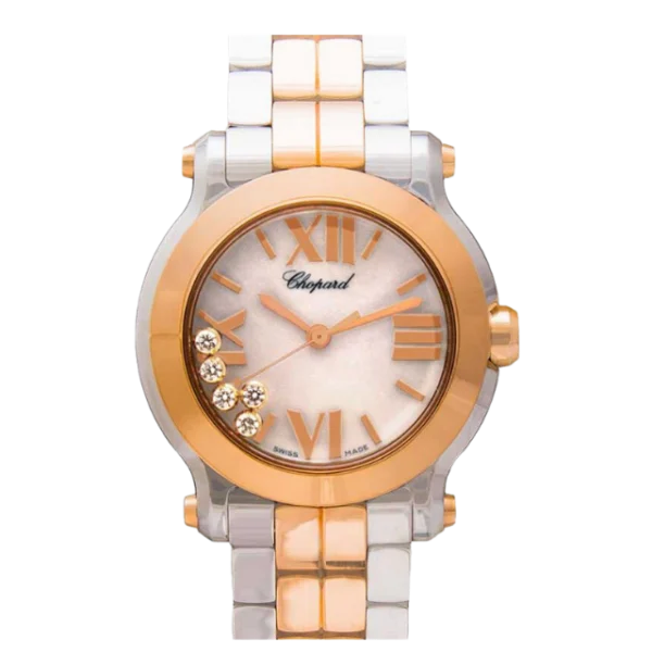 HAPPY SPORT ROUND 30MM IN STEEL WITH ROSE GOLD BEZEL ON BRACELET WITH MOP DIAL - Time Avenue