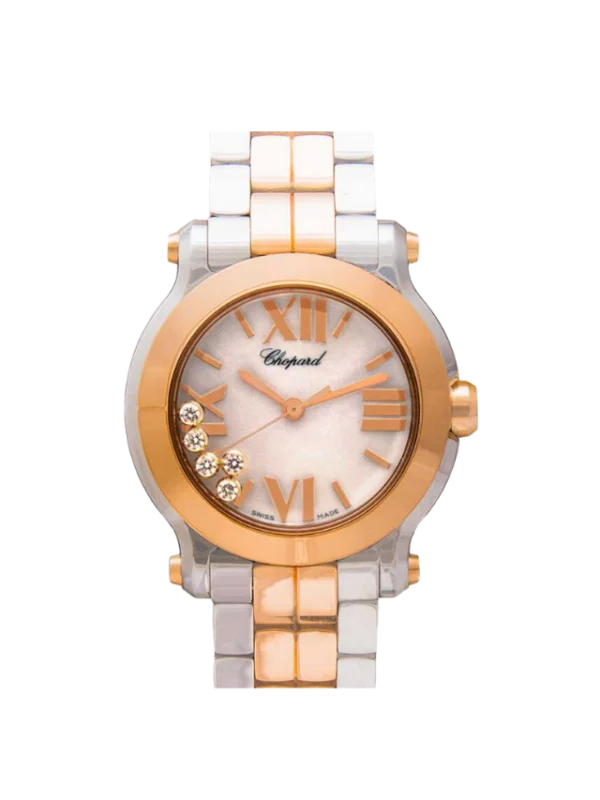 HAPPY SPORT ROUND 30MM IN STEEL WITH ROSE GOLD BEZEL ON BRACELET WITH MOP DIAL - Time Avenue